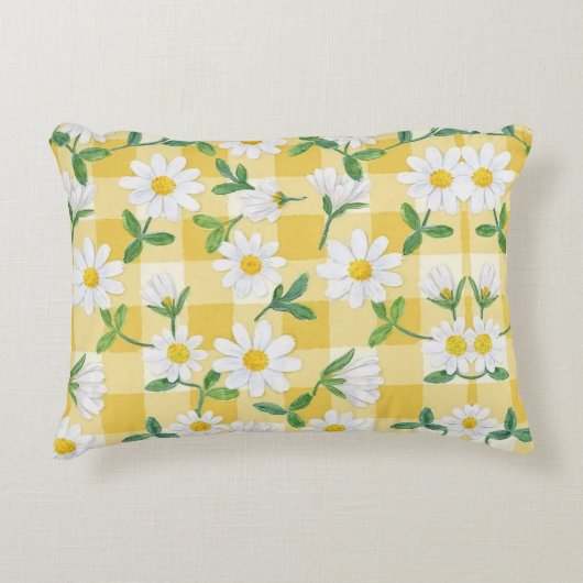 Daisy Floral Yellow Gingham Throw Pillow アクセントクッション (正面)