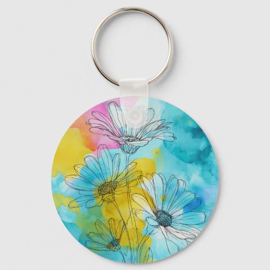 Daisy Flower Aluminum Circle Keychain Gift キーホルダー (正面)