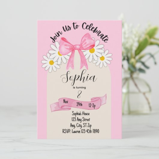 Daisy Flower and Bow Birthday Invitation 招待状 (スタンド正面)