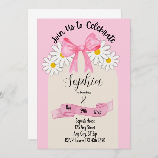 Daisy Flower and Bow Birthday Invitation 招待状 (正面/裏面)