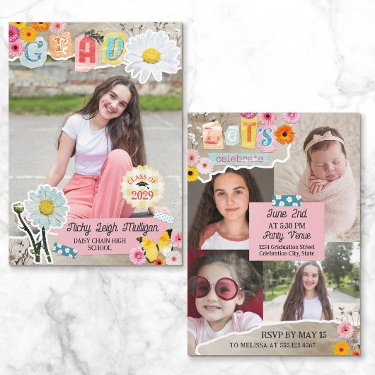 Daisy Flower Cutouts Scrapbook Collage Graduation 招待状