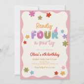 Daisy Flowers Colorful 4th Birthday Party 招待状 (正面)