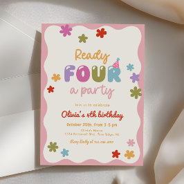 Daisy Flowers Colorful 4th Birthday Party 招待状