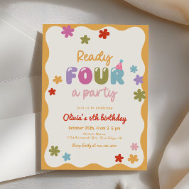 Daisy Flowers Colorful 4th Birthday Party 招待状