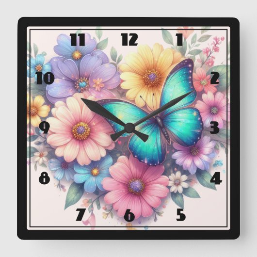 Daisy Flowers with a Beautiful Butterfly スクエア壁時計 (正面)