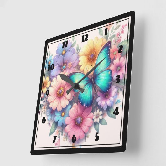 Daisy Flowers with a Beautiful Butterfly スクエア壁時計 (傾斜)