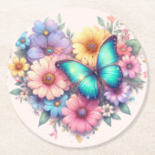 Daisy Flowers with a Beautiful Butterfly ラウンドペーパーコースター (正面)