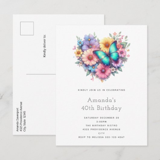 Daisy Flowers with a Beautiful Butterfly Birthday インビテーションポストカード (正面/裏面)