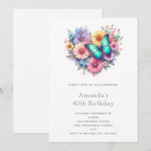 Daisy Flowers with a Beautiful Butterfly Birthday 招待状 (正面/裏面)