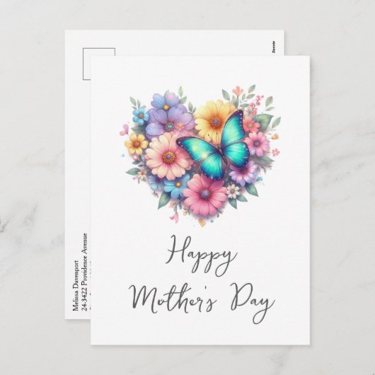 Daisy Flowers with a Blue Butterfly Mother's Day シーズンポストカード (正面/裏面)