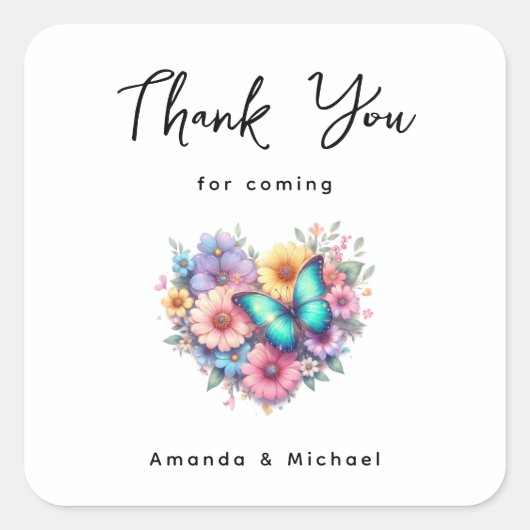 Daisy Flowers with a Blue Butterfly Thank You スクエアシール (正面)