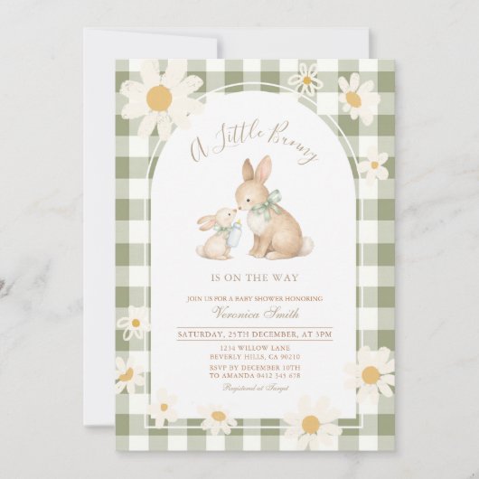  Daisy gingham Bunny Baby Shower Invitation 招待状 (正面)