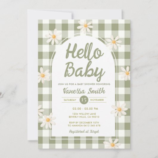 Daisy Gingham Hello Baby Shower Invitation 招待状 (正面)
