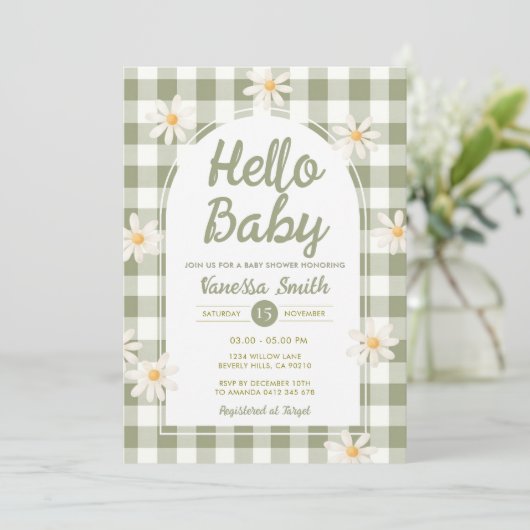 Daisy Gingham Hello Baby Shower Invitation 招待状 (スタンド正面)