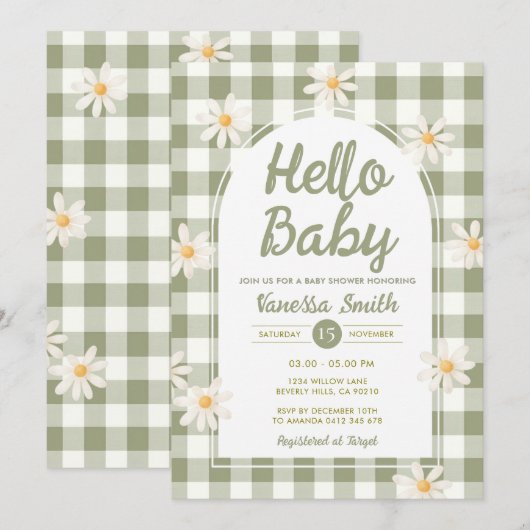 Daisy Gingham Hello Baby Shower Invitation 招待状 (正面/裏面)