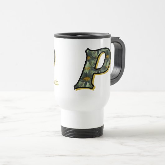 Daisy Monogram Initial P Personalized トラベルマグ (正面右)