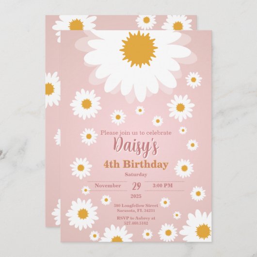 Daisy Pink Any Age Birthday Invitation 招待状 (正面/裏面)