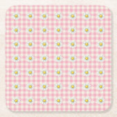 Daisy Rows on Pink Gingham スクエアペーパーコースター (正面)