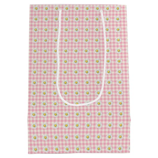 Daisy Rows on Pink Gingham ミディアムペーパーバッグ (裏面)