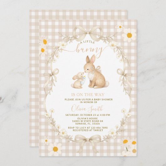 Daisy Spring Neutral Gingham Bunny Baby Shower 招待状 (正面/裏面)
