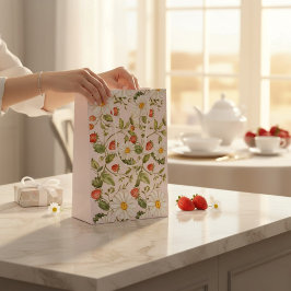 Daisy Strawberry Floral Pattern Light Pink Botanic ミディアムペーパーバッグ