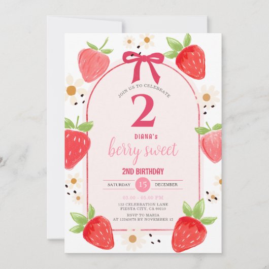 Daisy Strawberry Second Birthday Party Invite 招待状 (正面)