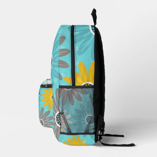 Daisy Teal Flower Pattern Backpack プリントバックパック (右)