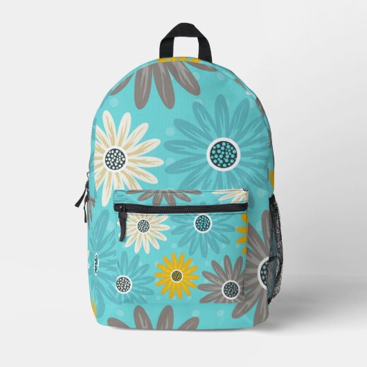 Daisy Teal Flower Pattern Backpack プリントバックパック (正面)