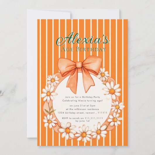 Daisy Wreath Orange Stripe Birthday invitation 招待状 (正面)