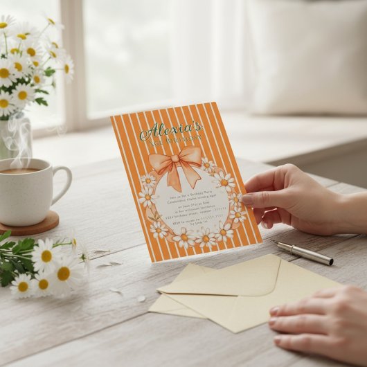 Daisy Wreath Orange Stripe Birthday invitation 招待状