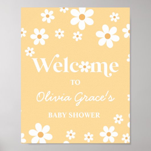 Daisy yellow Retro Peace Love Baby Shower Welcome ポスター (正面)