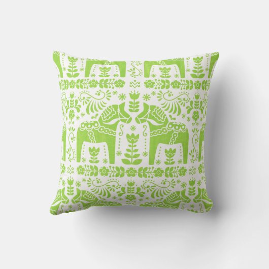 Dalaの馬、ライムグリーンの民俗プリントの装飾用クッション クッション (裏面)