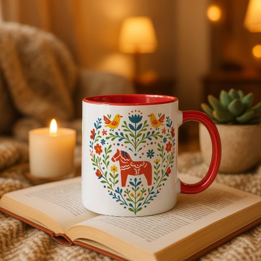 Dala Horse Folk Art Hygge Heart Pattern Mug マグカップ