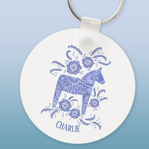 Dala Horse Swedish Folk Art Blue Custom Name キーホルダー