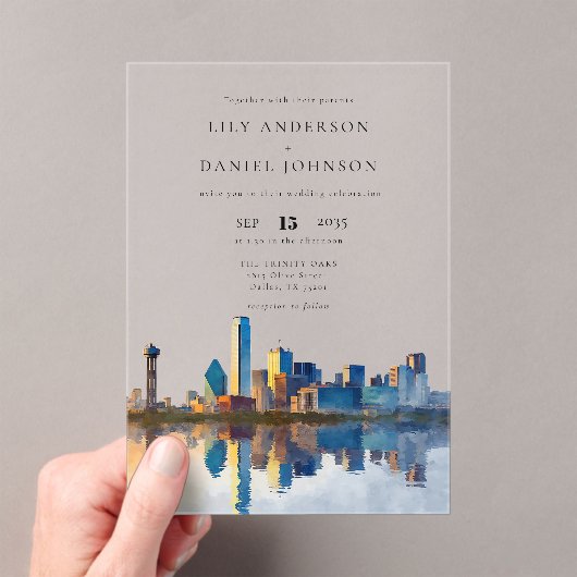 Dallas Skyline Watercolor Destination Wedding アクリル招待状 (インサイチュ (ポータブル))
