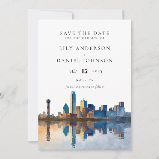 Dallas Skyline Watercolor Photo Wedding セーブザデート (正面)