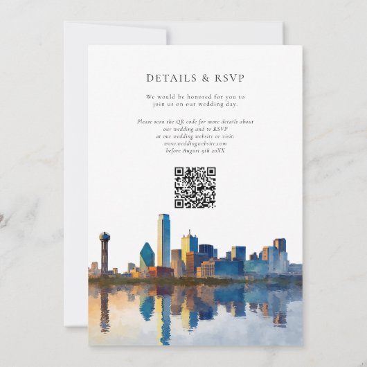 Dallas Skyline Watercolor QR Code Wedding 招待状 (裏面)
