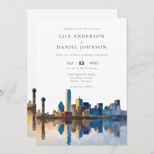 Dallas Skyline Watercolor QR Code Wedding 招待状 (正面/裏面)