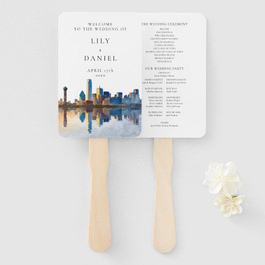 Dallas Skyline Watercolor Wedding Program ハンドファン (正面&裏面)