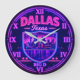 Dallas Texas Big D Skyline Neon ラージ壁時計