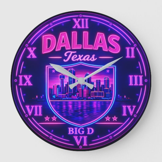 Dallas Texas Big D Skyline Neon ラージ壁時計 (正面)