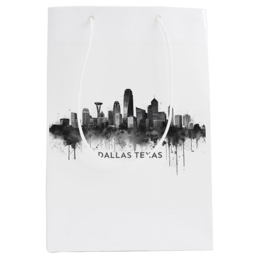 Dallas Texas Skyline Black and White Cityscape ミディアムペーパーバッグ (正面)