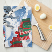 Dalmatian走 Christmas Hatと雪の中 キッチンタオル (四つ折り)
