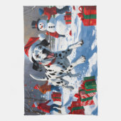 Dalmatian走 Christmas Hatと雪の中 キッチンタオル (縦)