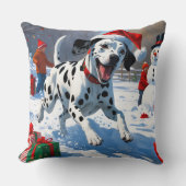 Dalmatian走 Christmas Hatと雪の中 クッション (正面)