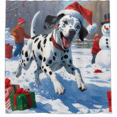 Dalmatian走 Christmas Hatと雪の中 シャワーカーテン (正面)