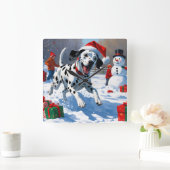 Dalmatian走 Christmas Hatと雪の中 スクエア壁時計 (ホーム)