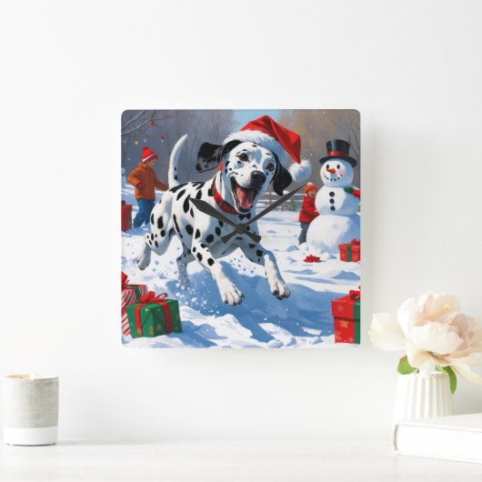 Dalmatian走 Christmas Hatと雪の中 スクエア壁時計 (ホーム)