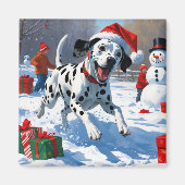 Dalmatian走 Christmas Hatと雪の中 マグネット (正面)
