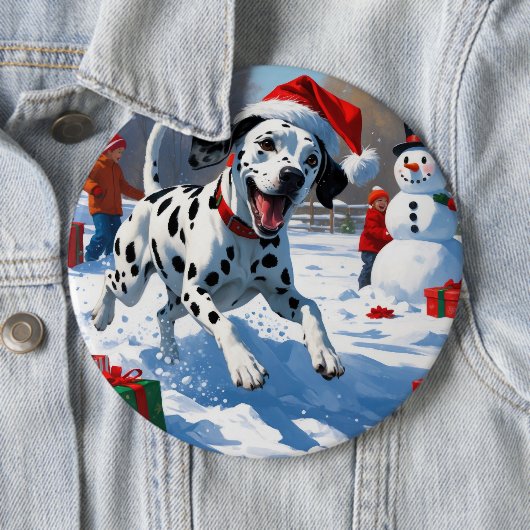Dalmatian走 Christmas Hatと雪の中 缶バッジ (インサイチュ)